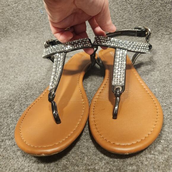 MAURICES Black Thong Crystal Silver Detail Ankle Strap Sandals Womens 8.5 or 9 - Picture 3 of 12